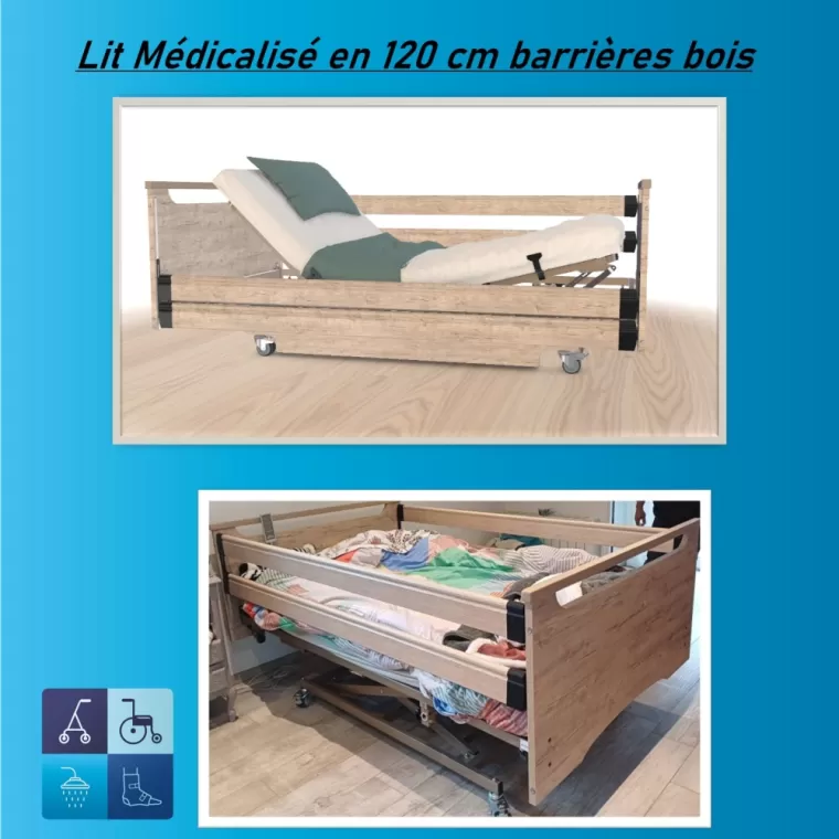 Achat de lit médicalisé 120cm avec barrières bois à Feurs